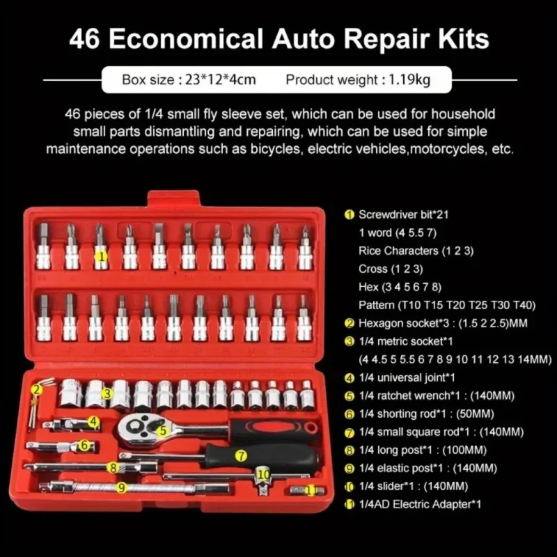 "46-Piece Car Repair Tool Kit | 1/4-Inch Socket Set & Ratchet Torque Wrench Combo for Auto Repairs" - Image 3